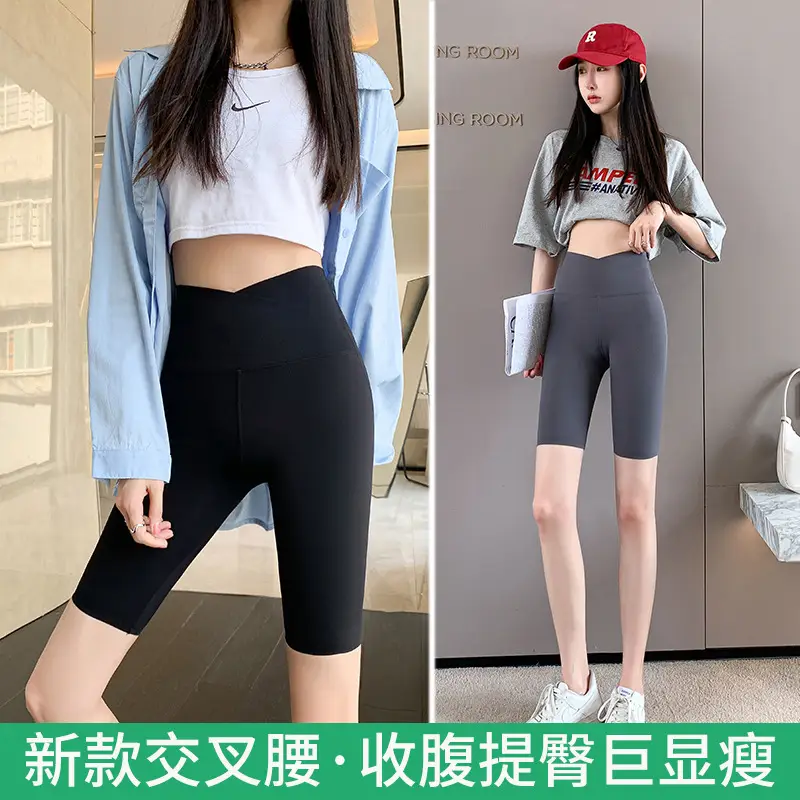 Women Thin Summer Shark Leggings Cross Waist Black — feature 25