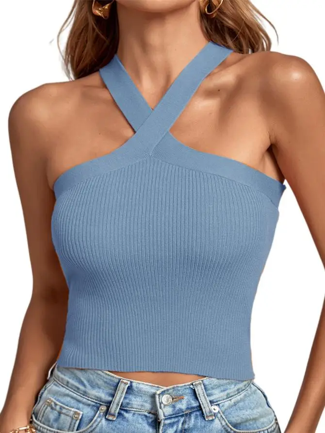 Green Cross Halter Neck Knitted Camisole Top - Image 10