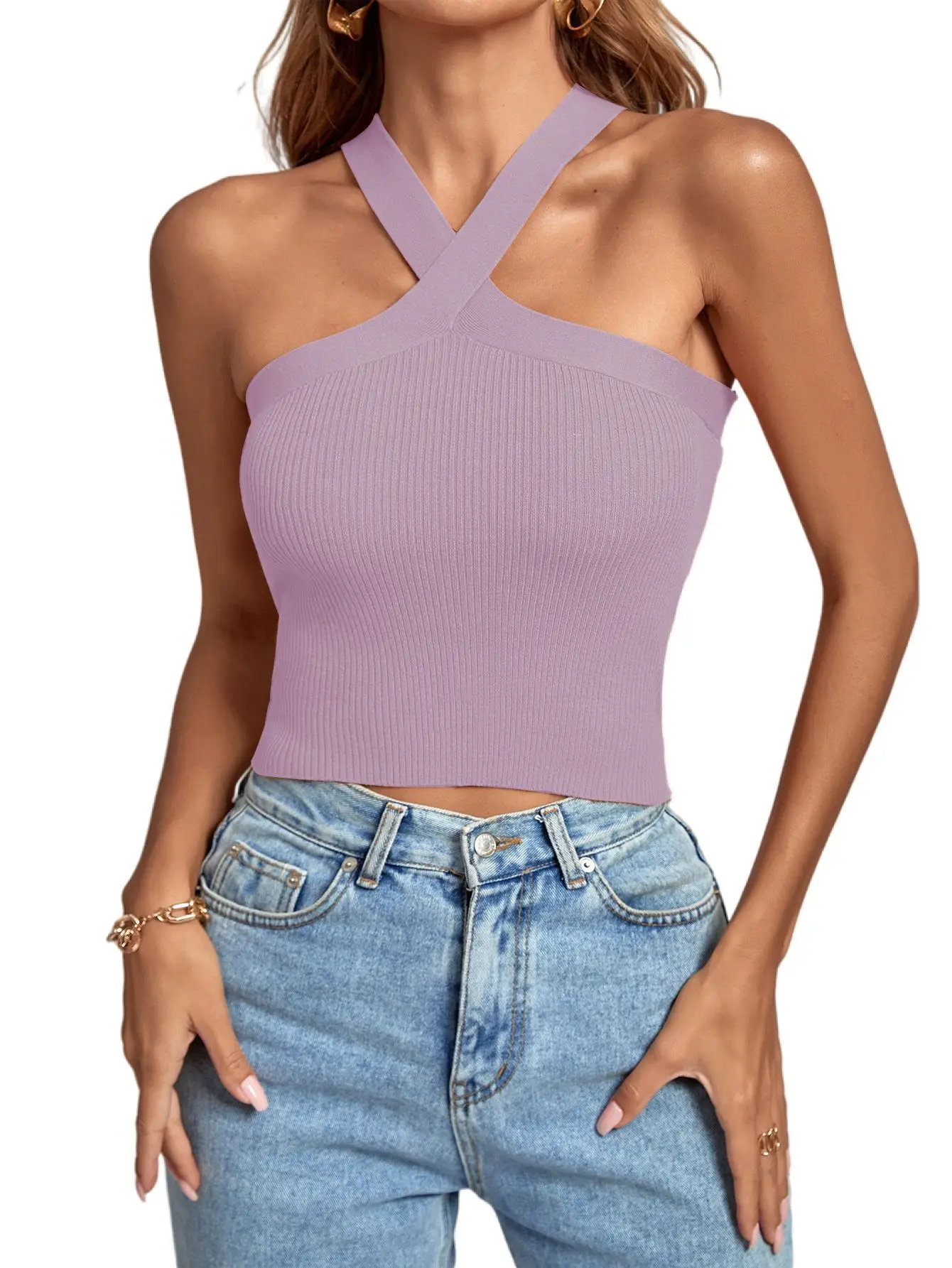 Green Cross Halter Neck Knitted Camisole Top - Image 12