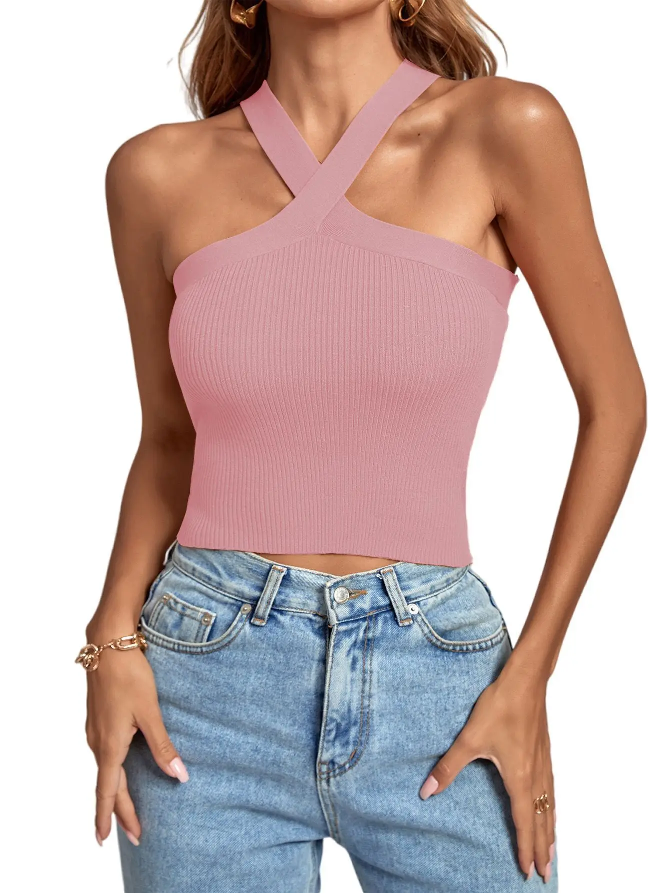 Green Cross Halter Neck Knitted Camisole Top - Image 13