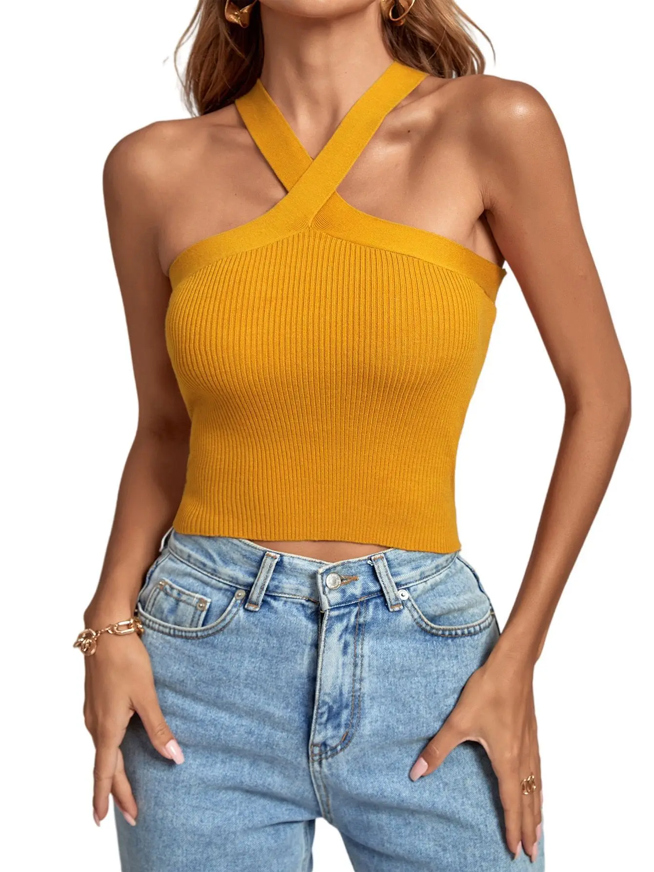 Green Cross Halter Neck Knitted Camisole Top - Image 16