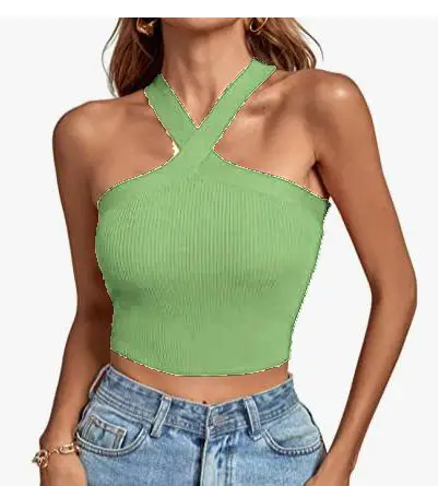 Green Cross Halter Neck Knitted Camisole Top - Image 17