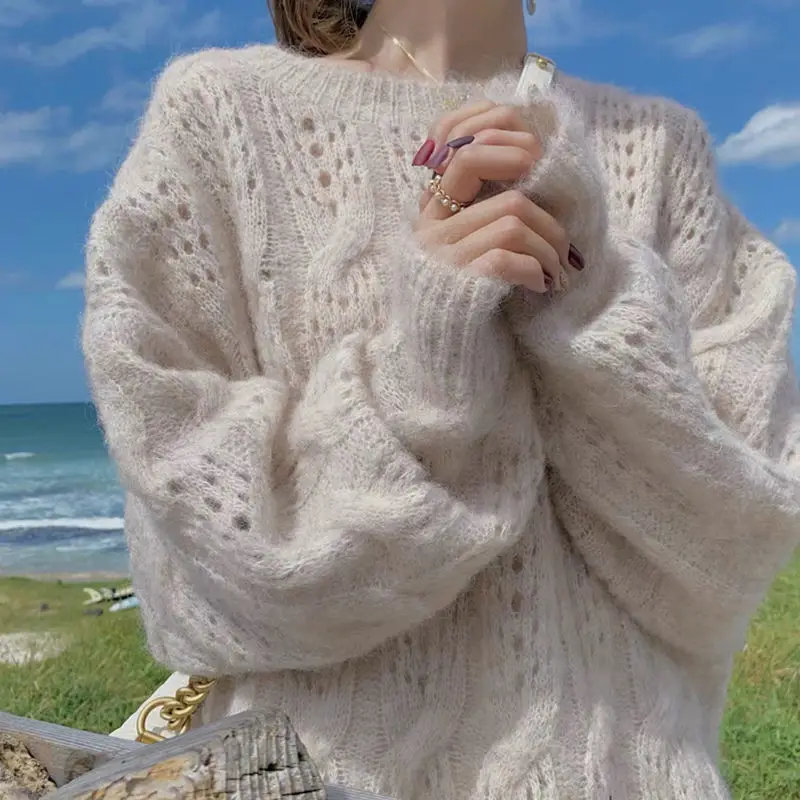 Pink Mohair Cut Out Pullover Knitwear Women Spring Loose - Image 4