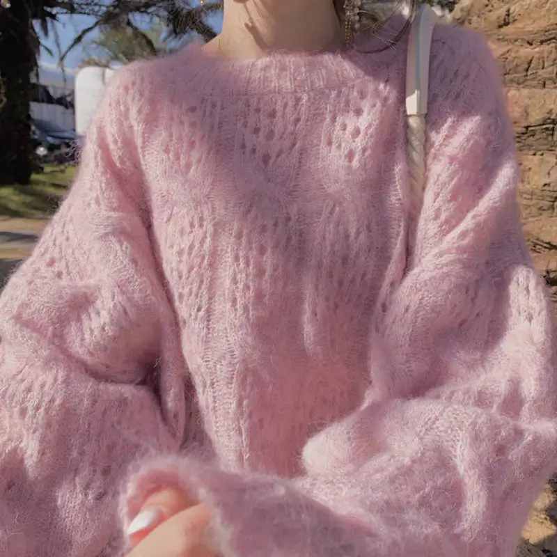 Pink Mohair Cut Out Pullover Knitwear Women Spring Loose - Image 5