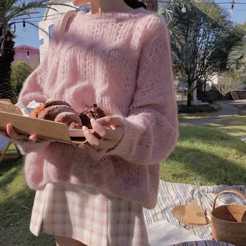 Pink Mohair Cut Out Pullover Knitwear Women Spring Loose - Image 7