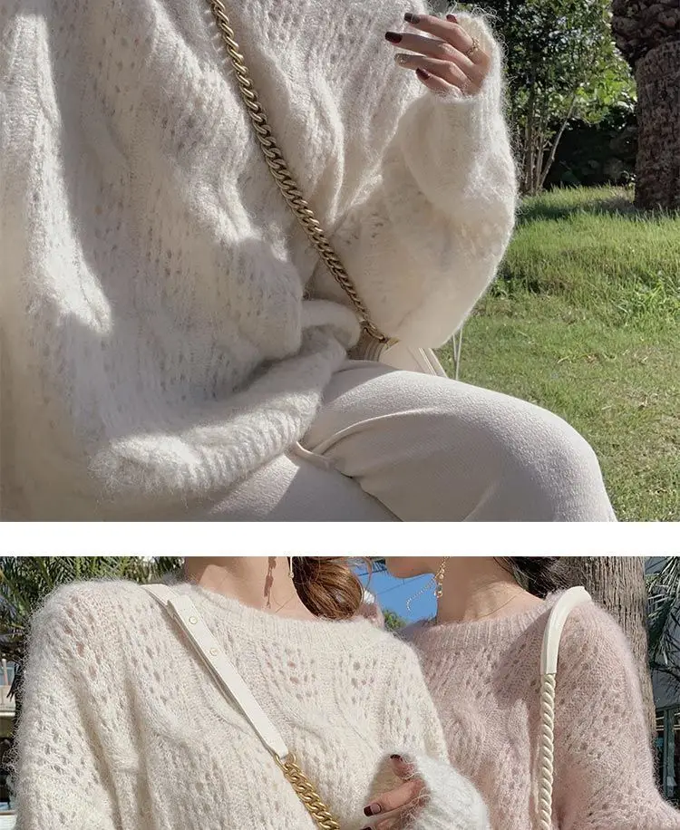 Pink Mohair Cut Out Pullover Knitwear Women Spring Loose — feature 10