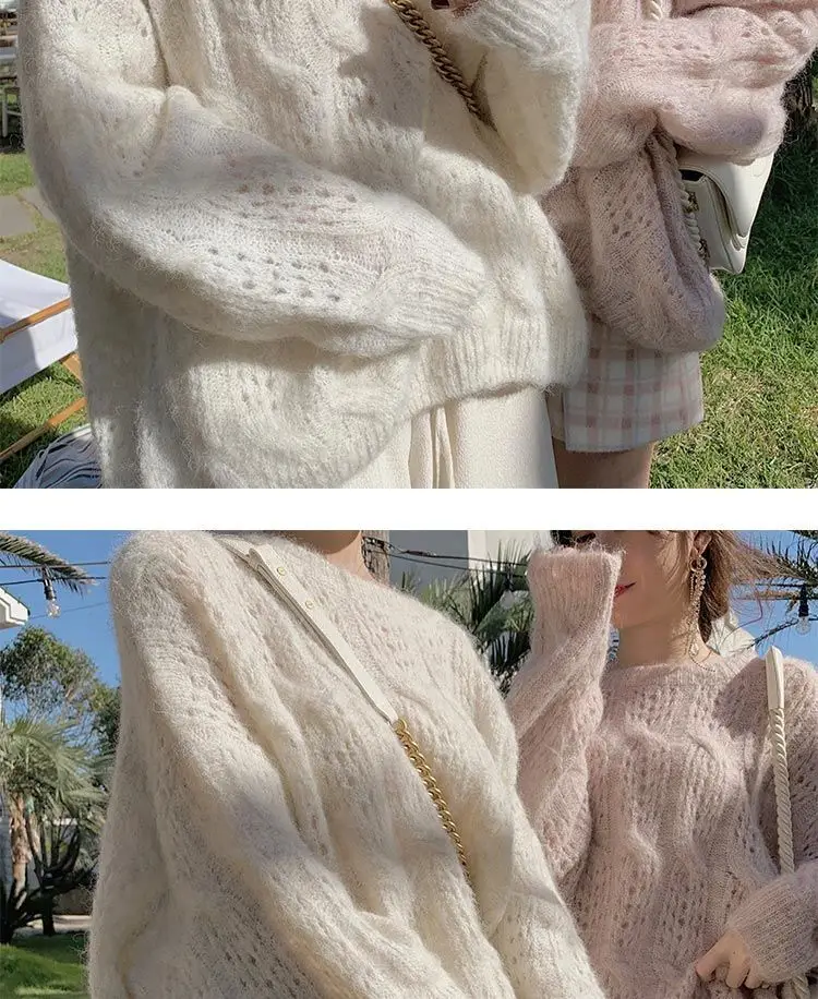 Pink Mohair Cut Out Pullover Knitwear Women Spring Loose — feature 11
