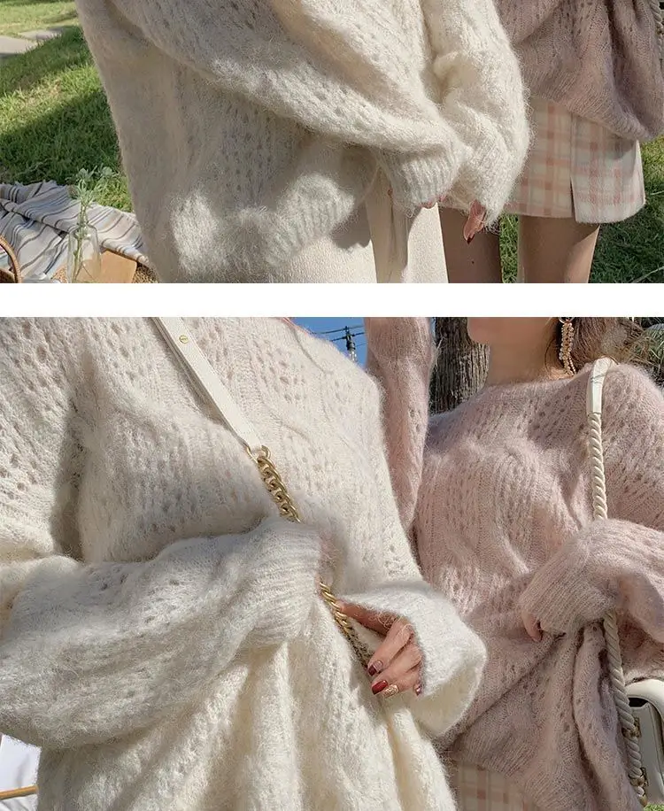 Pink Mohair Cut Out Pullover Knitwear Women Spring Loose — feature 12