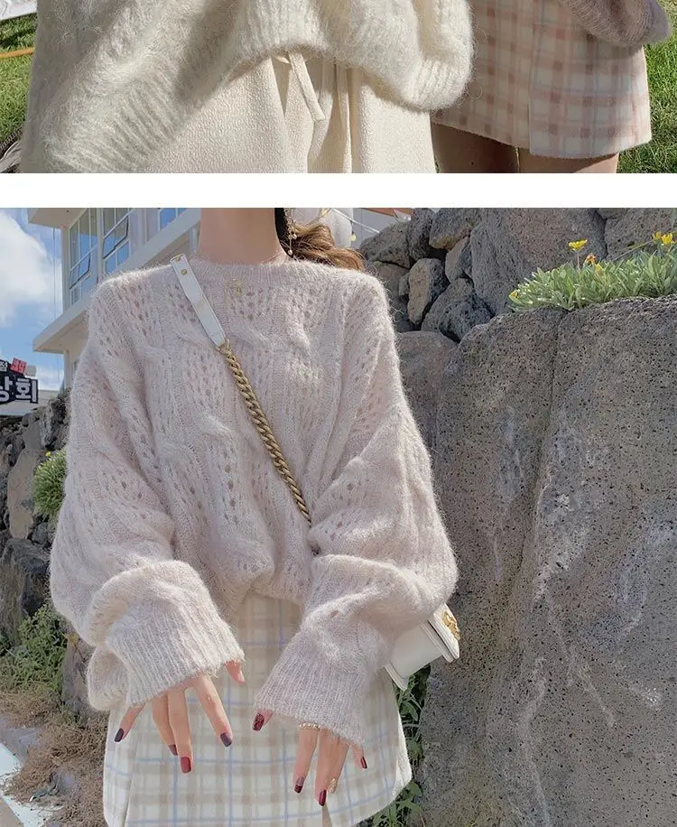 Pink Mohair Cut Out Pullover Knitwear Women Spring Loose — feature 13