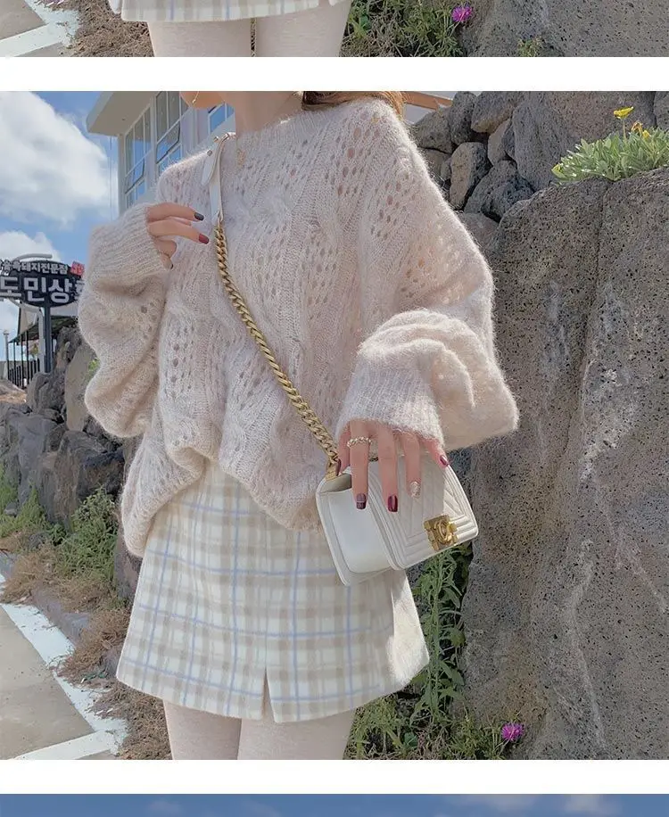 Pink Mohair Cut Out Pullover Knitwear Women Spring Loose — feature 14