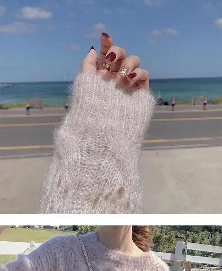 Pink Mohair Cut Out Pullover Knitwear Women Spring Loose — feature 15