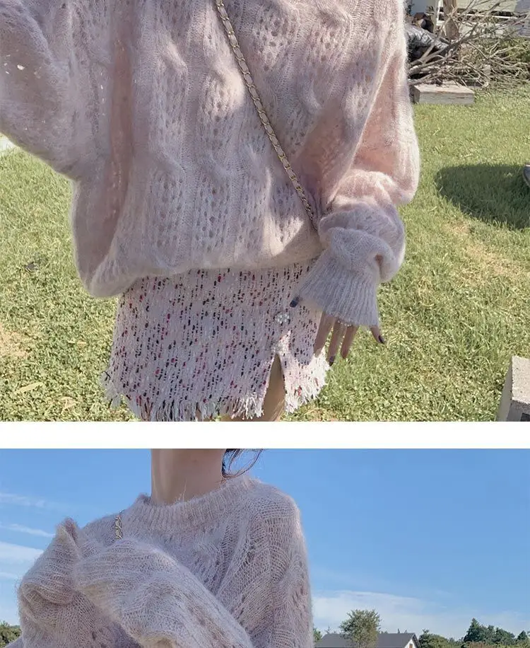 Pink Mohair Cut Out Pullover Knitwear Women Spring Loose — feature 16