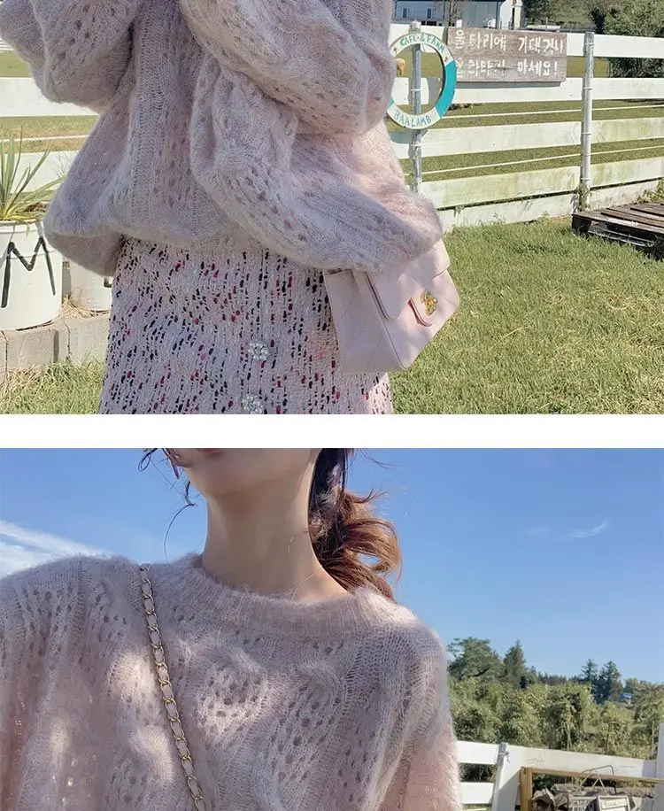 Pink Mohair Cut Out Pullover Knitwear Women Spring Loose — feature 17