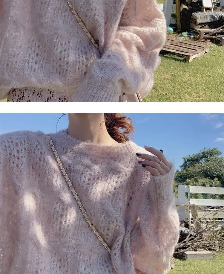 Pink Mohair Cut Out Pullover Knitwear Women Spring Loose — feature 18