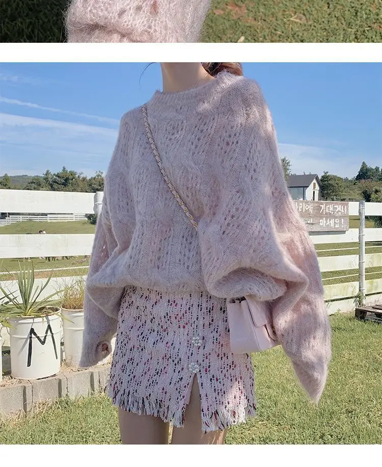 Pink Mohair Cut Out Pullover Knitwear Women Spring Loose — feature 20