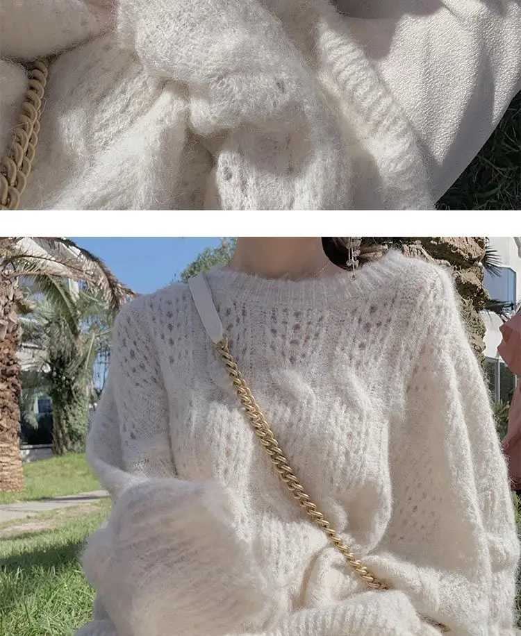 Pink Mohair Cut Out Pullover Knitwear Women Spring Loose — feature 6