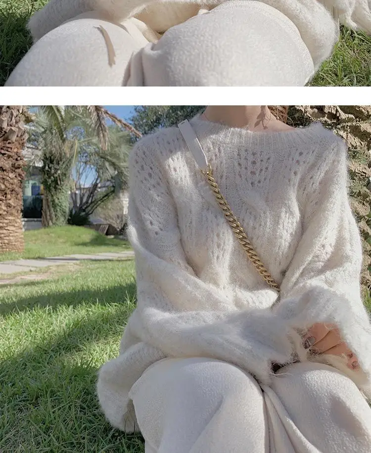 Pink Mohair Cut Out Pullover Knitwear Women Spring Loose — feature 7