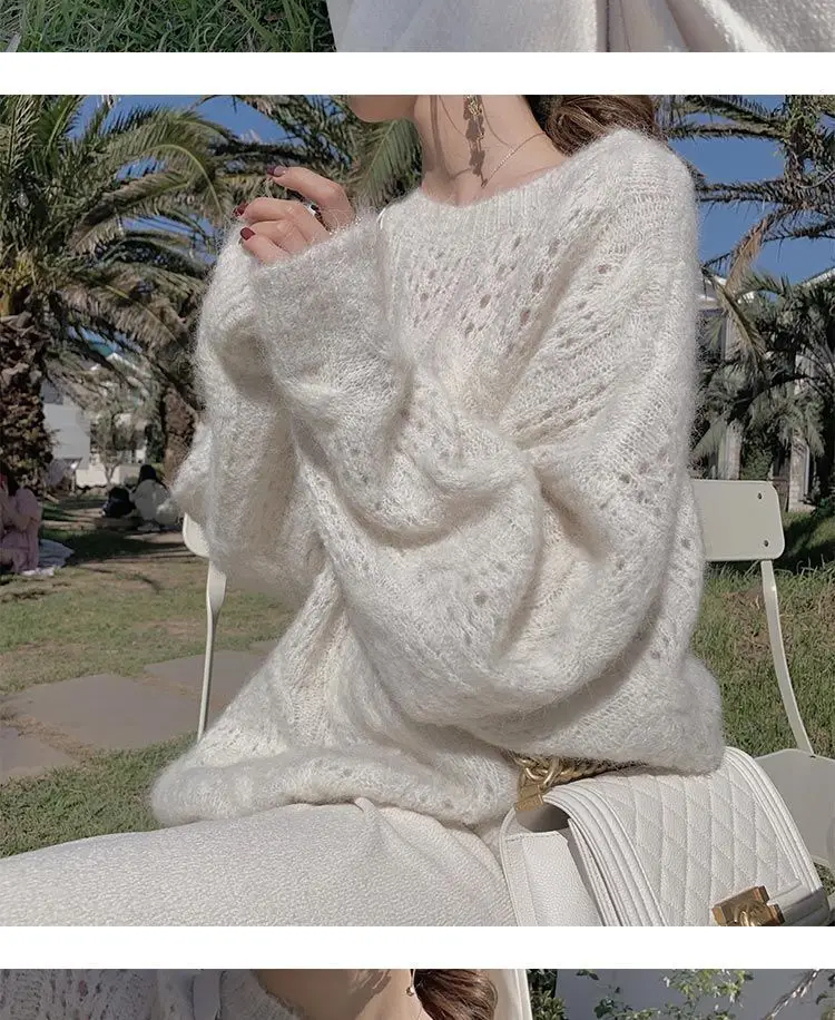 Pink Mohair Cut Out Pullover Knitwear Women Spring Loose — feature 8