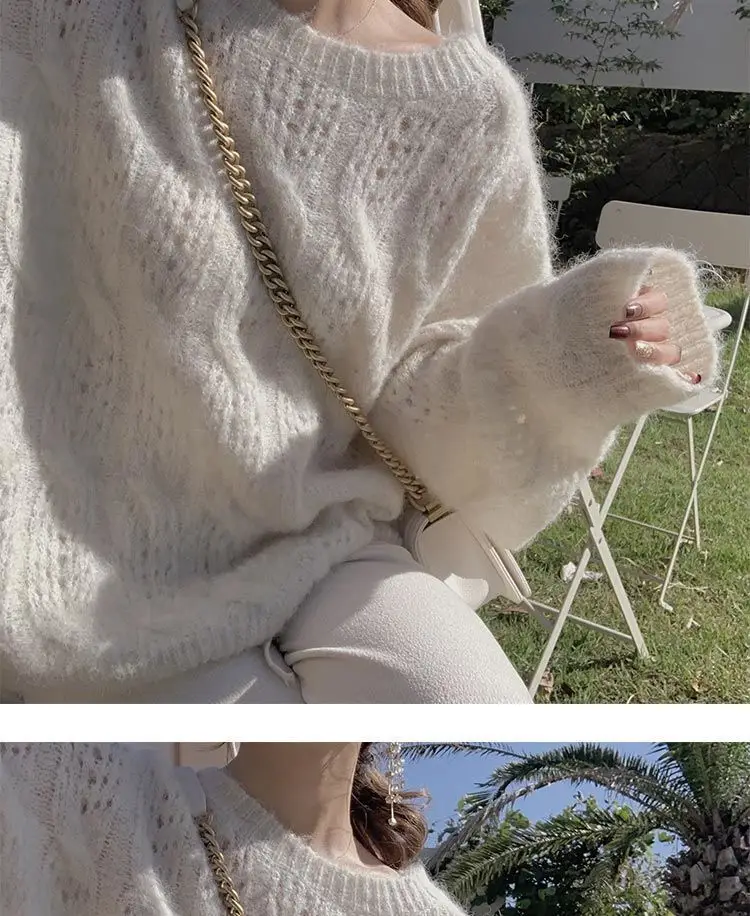 Pink Mohair Cut Out Pullover Knitwear Women Spring Loose — feature 9