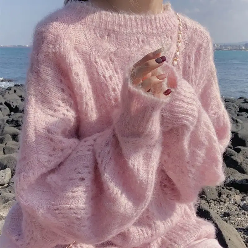 Pink Mohair Cut Out Pullover Knitwear Women Spring Loose - Image 2