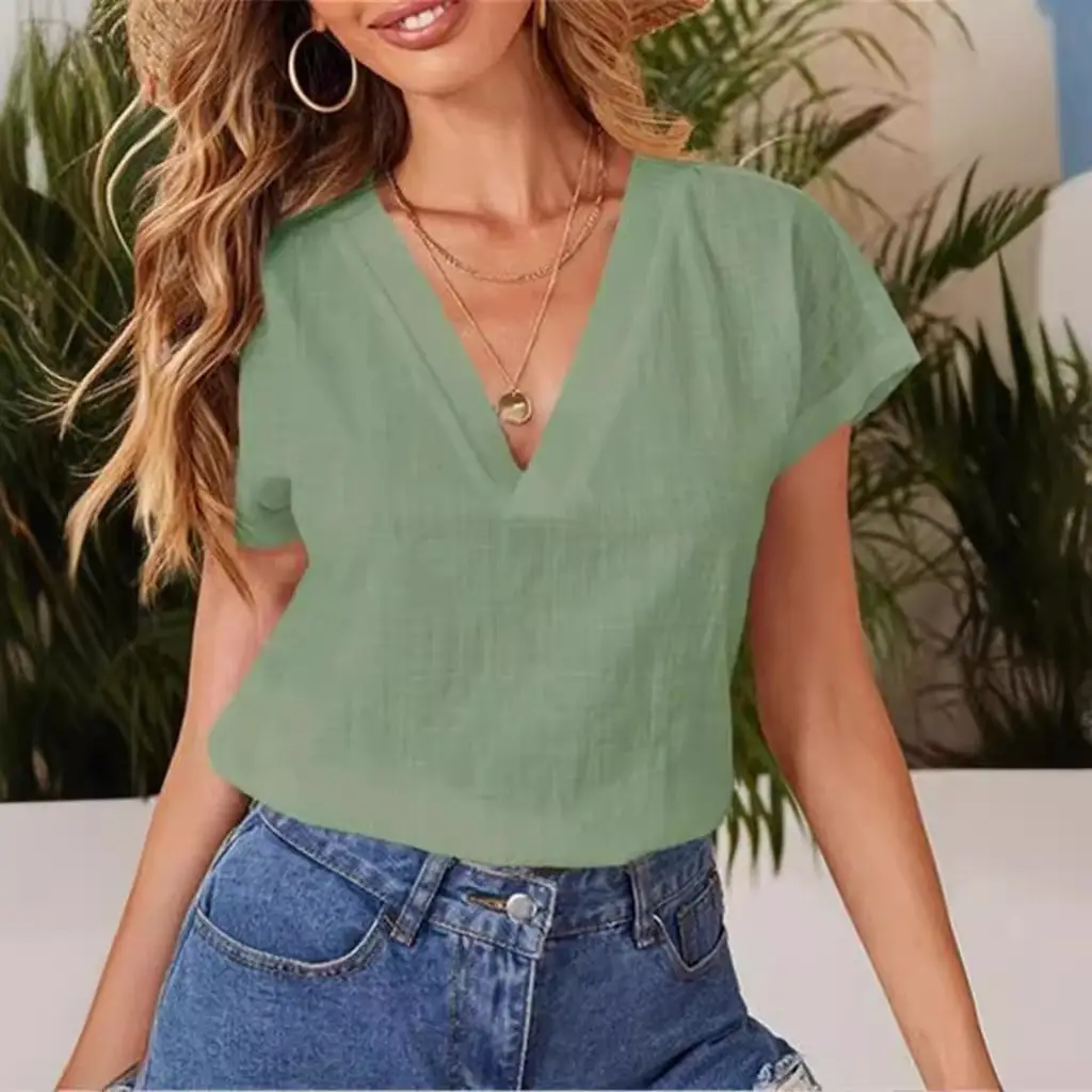 2022 V-Neck Cotton Linen Shirt Light Blue - Image 10