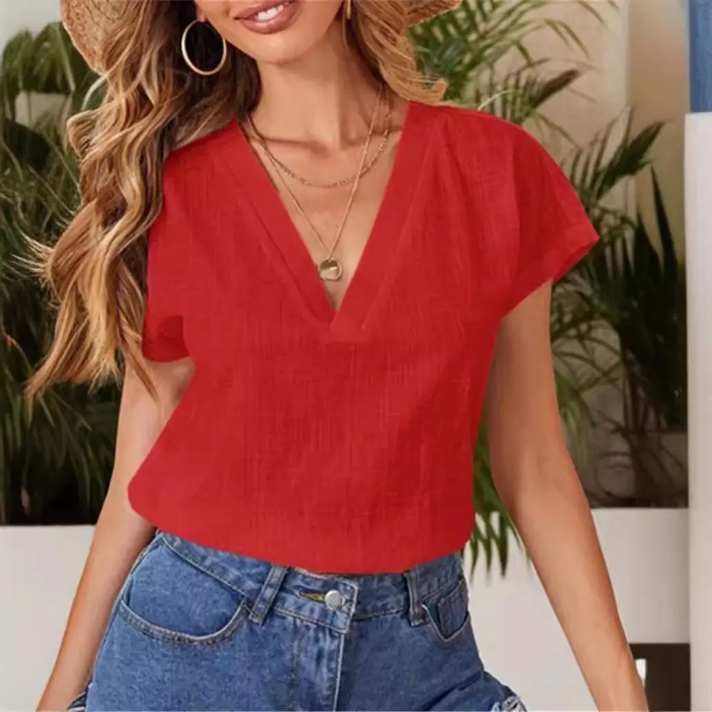 2022 V-Neck Cotton Linen Shirt Light Blue - Image 11