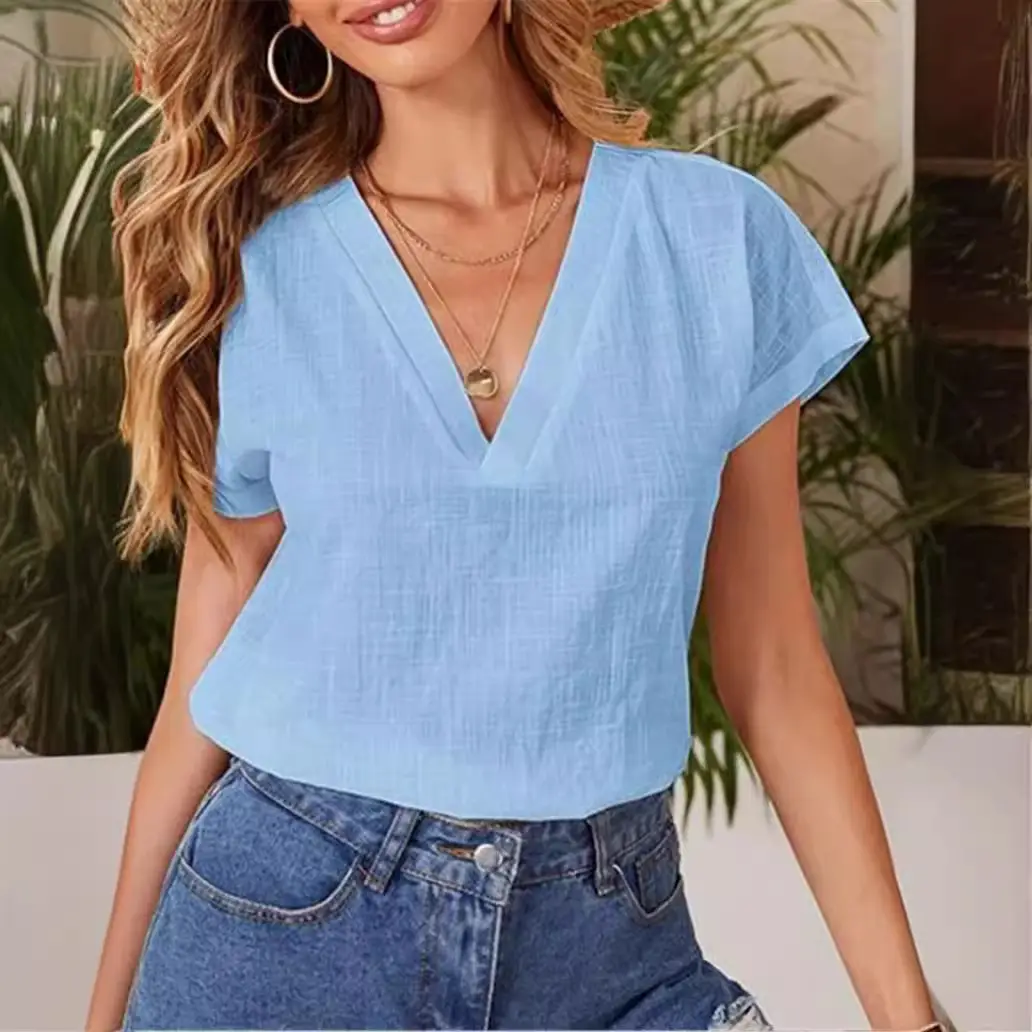 2022 V-Neck Cotton Linen Shirt Light Blue - Image 12