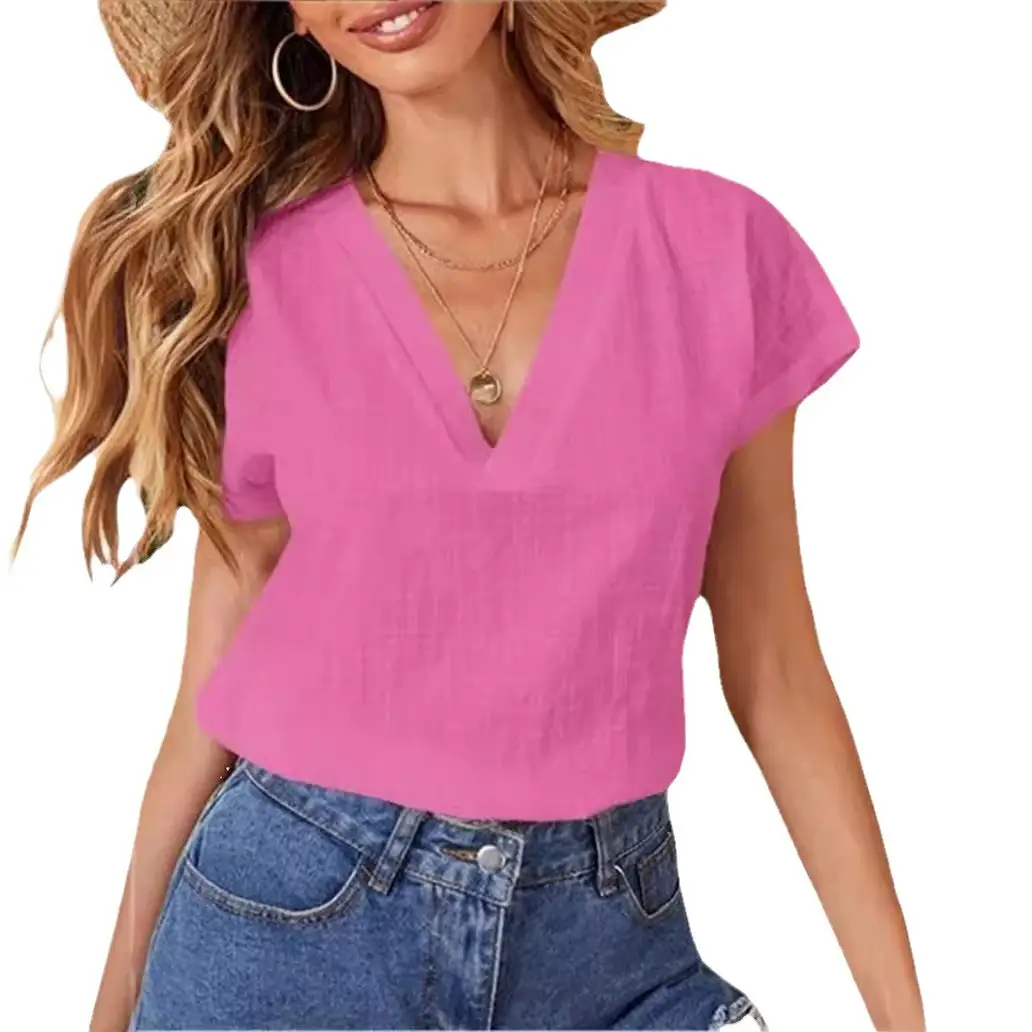 2022 V-Neck Cotton Linen Shirt Light Blue - Image 13