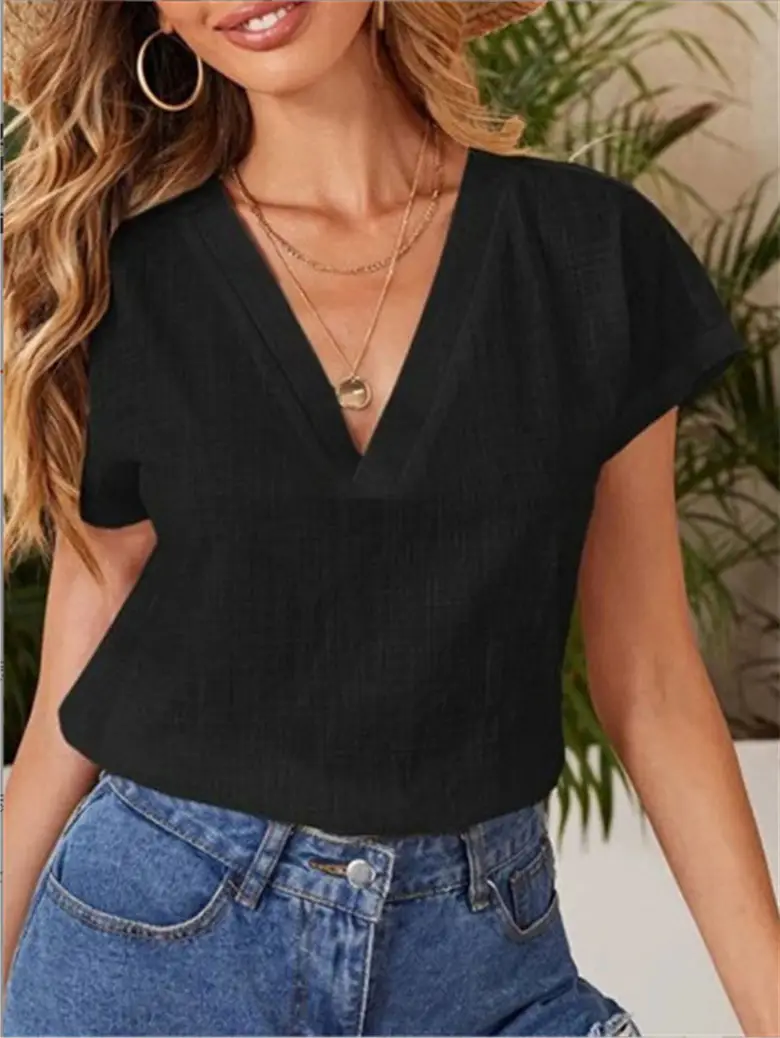 2022 V-Neck Cotton Linen Shirt Light Blue - Image 3