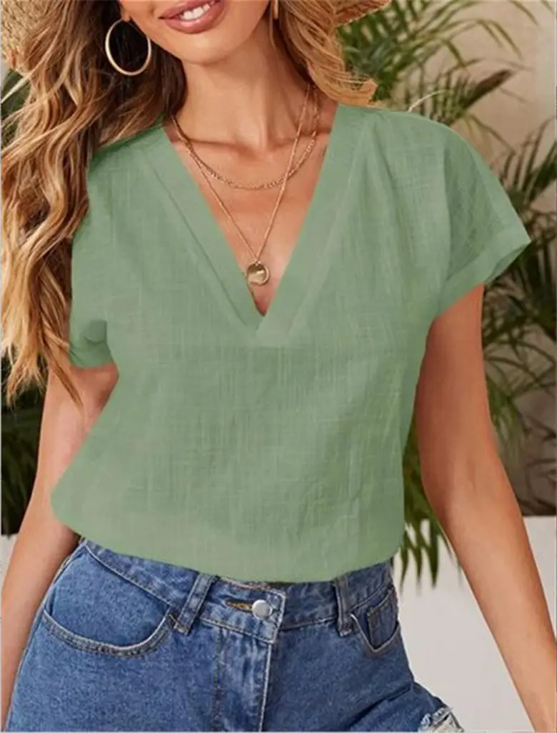 2022 V-Neck Cotton Linen Shirt Light Blue - Image 5