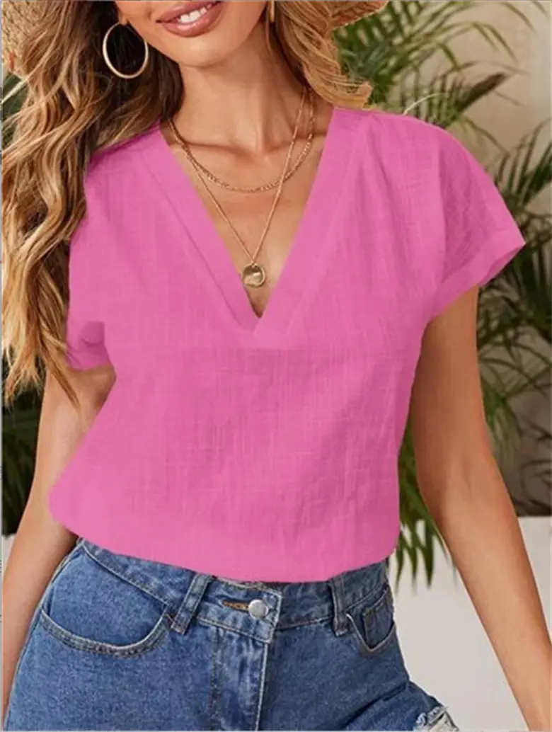 2022 V-Neck Cotton Linen Shirt Light Blue - Image 6