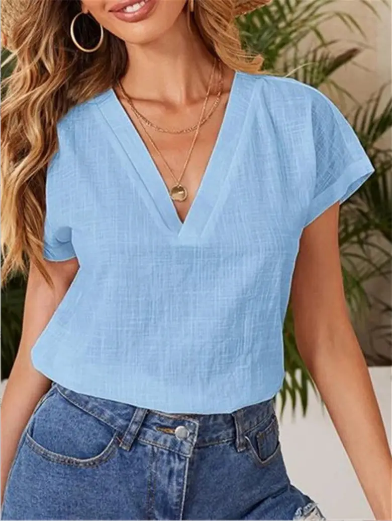 2022 V-Neck Cotton Linen Shirt Light Blue - Image 8