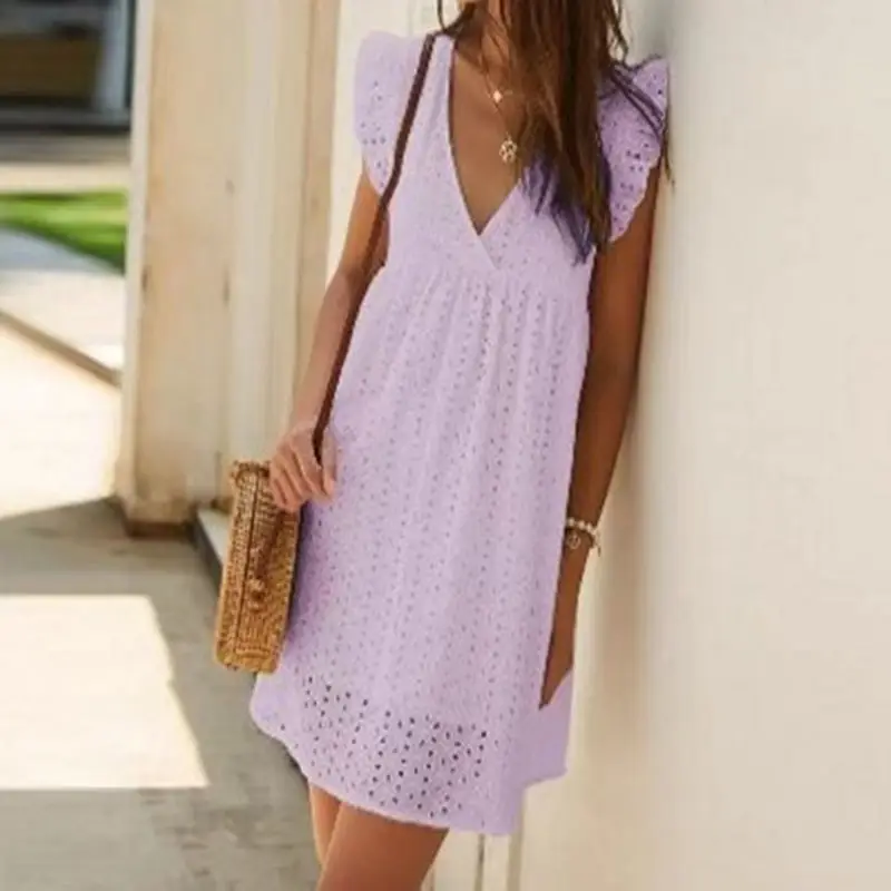 Women's V Neck Lace Dress Light Purple 2021 Summer
