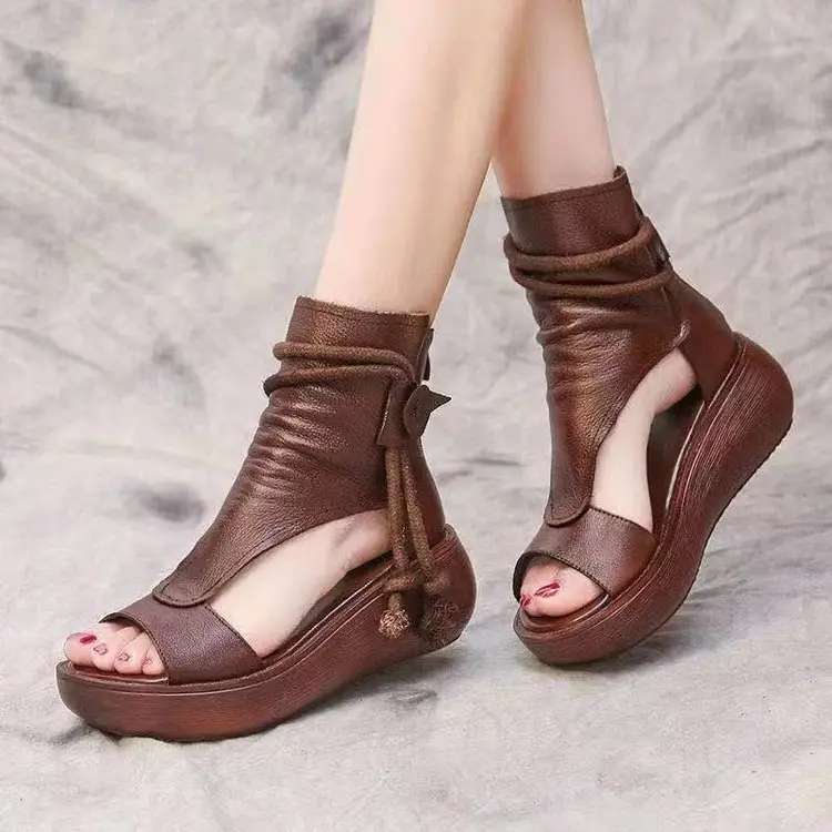 2024 New High-top Heeled Wedge Sandals Women's Summer Casual Fashionable Soft Leather Thick Peel-toe Sandals - Image 5