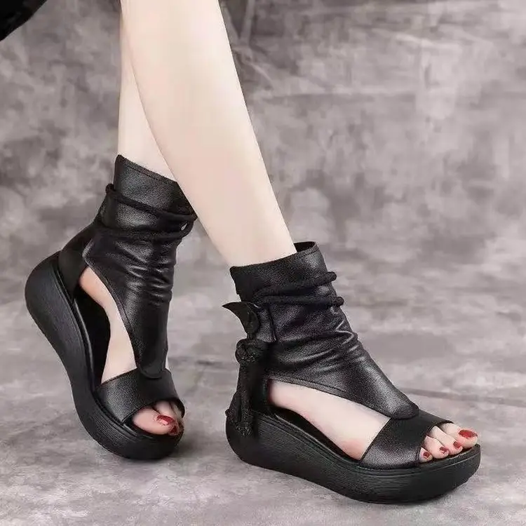 2024 New High-top Heeled Wedge Sandals Women's Summer Casual Fashionable Soft Leather Thick Peel-toe Sandals - Image 6