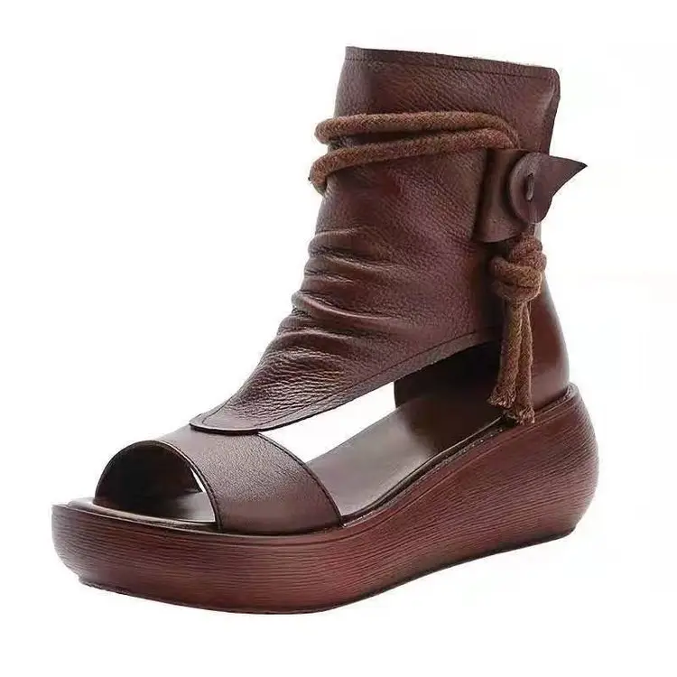 2024 New High-top Heeled Wedge Sandals Women's Summer Casual Fashionable Soft Leather Thick Peel-toe Sandals - Image 7