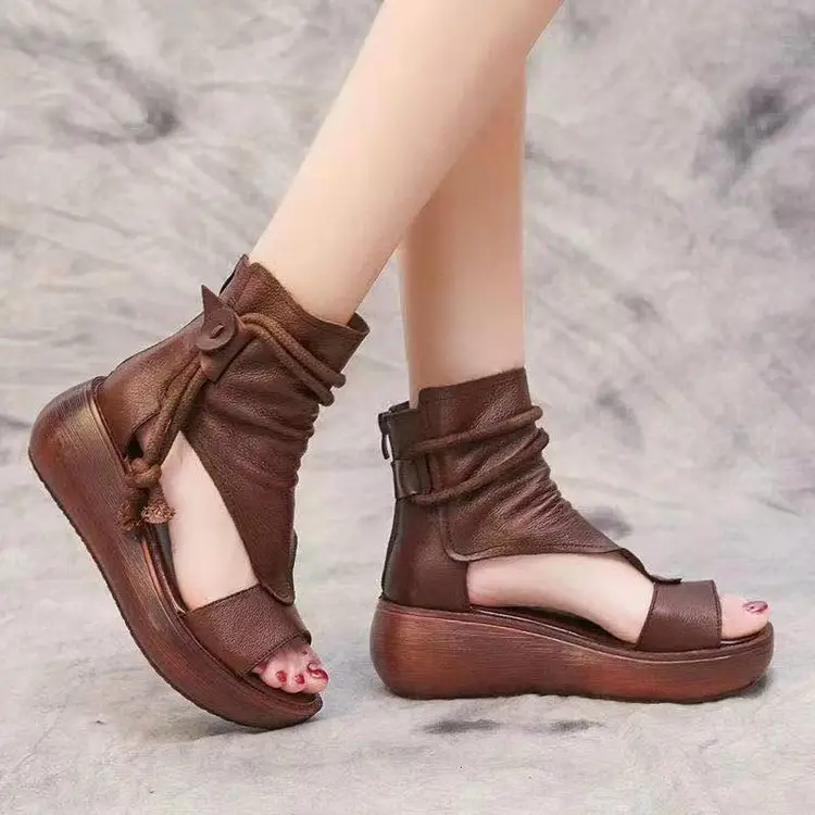 2024 New High-top Heeled Wedge Sandals Women's Summer Casual Fashionable Soft Leather Thick Peel-toe Sandals — feature 10