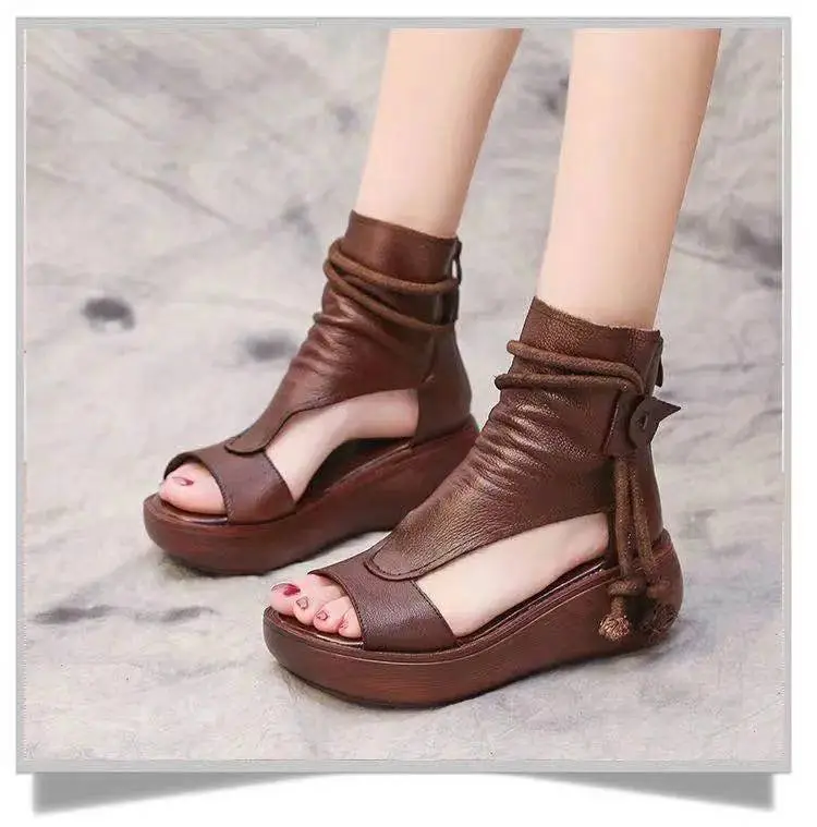2024 New High-top Heeled Wedge Sandals Women's Summer Casual Fashionable Soft Leather Thick Peel-toe Sandals — feature 11