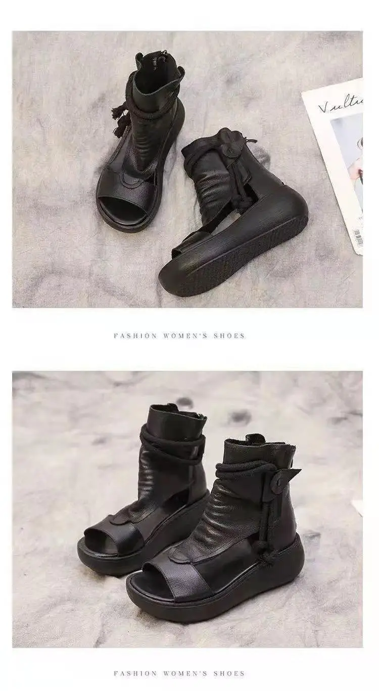 2024 New High-top Heeled Wedge Sandals Women's Summer Casual Fashionable Soft Leather Thick Peel-toe Sandals — feature 12