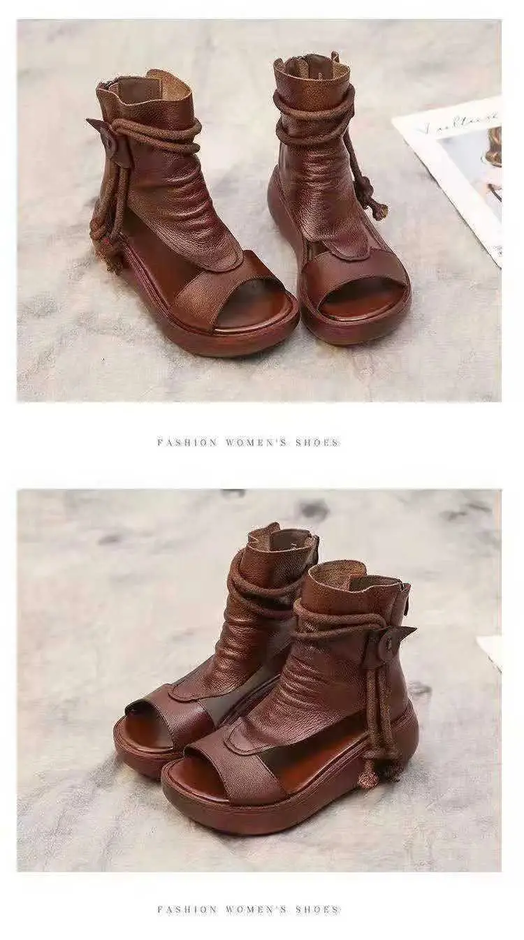 2024 New High-top Heeled Wedge Sandals Women's Summer Casual Fashionable Soft Leather Thick Peel-toe Sandals — feature 13