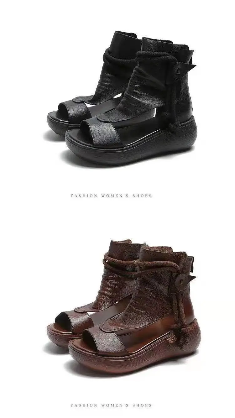 2024 New High-top Heeled Wedge Sandals Women's Summer Casual Fashionable Soft Leather Thick Peel-toe Sandals — feature 14