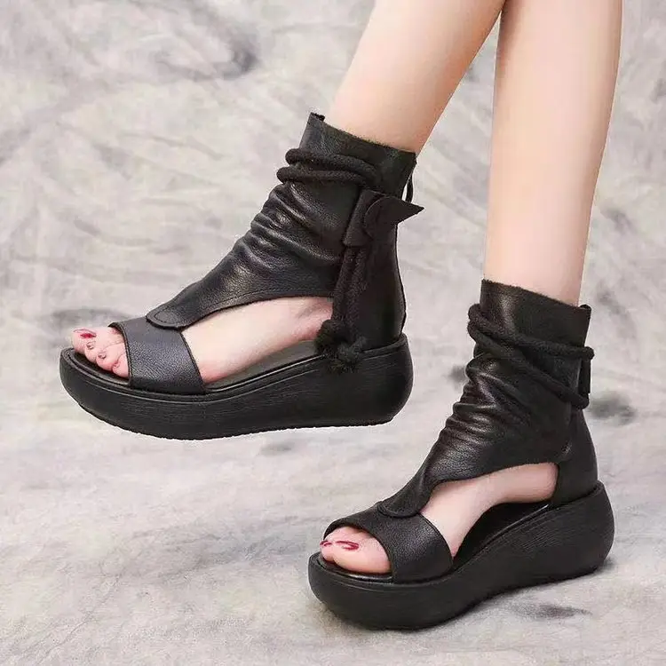 2024 New High-top Heeled Wedge Sandals Women's Summer Casual Fashionable Soft Leather Thick Peel-toe Sandals — feature 5