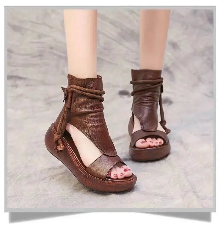 2024 New High-top Heeled Wedge Sandals Women's Summer Casual Fashionable Soft Leather Thick Peel-toe Sandals — feature 6