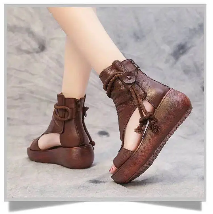 2024 New High-top Heeled Wedge Sandals Women's Summer Casual Fashionable Soft Leather Thick Peel-toe Sandals — feature 7