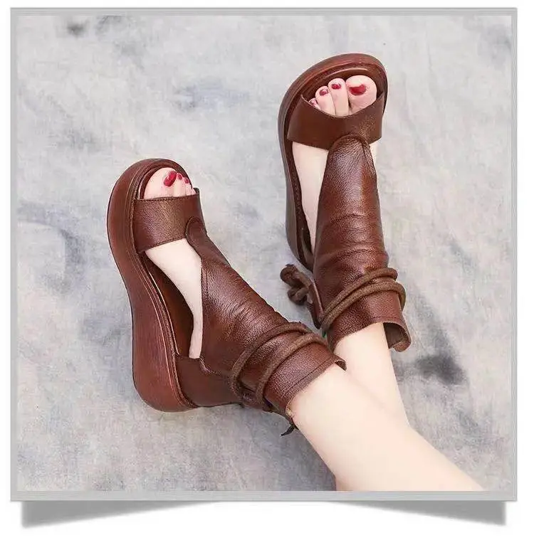 2024 New High-top Heeled Wedge Sandals Women's Summer Casual Fashionable Soft Leather Thick Peel-toe Sandals — feature 8