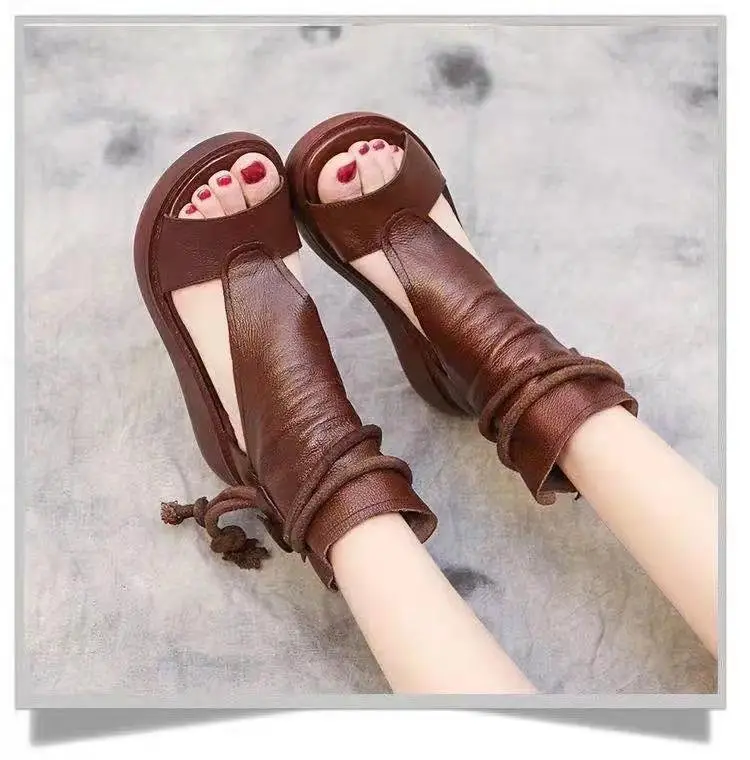 2024 New High-top Heeled Wedge Sandals Women's Summer Casual Fashionable Soft Leather Thick Peel-toe Sandals — feature 9