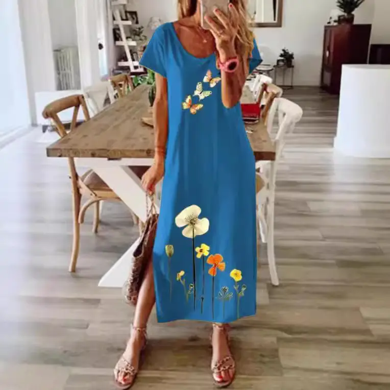 Printed Milk Silk Dress Blue Floral Large - Image 14