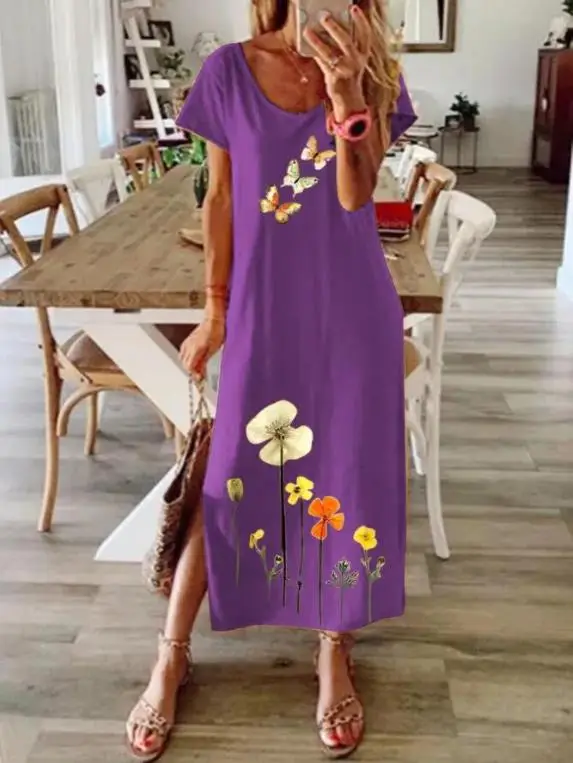 Printed Milk Silk Dress Blue Floral Large - Image 2