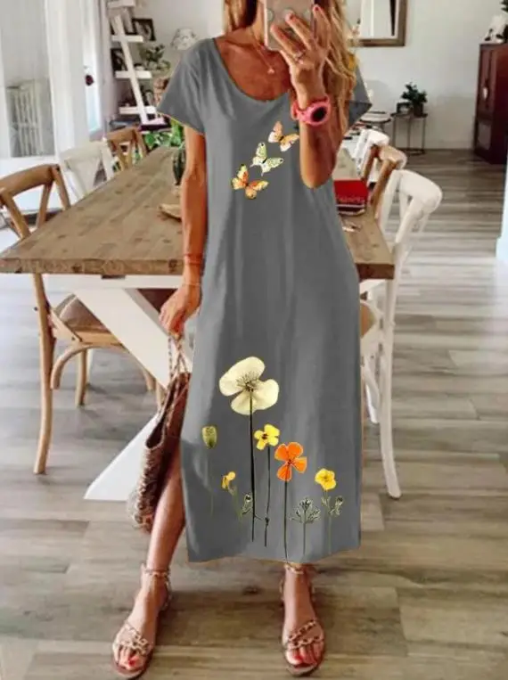 Printed Milk Silk Dress Blue Floral Large - Image 3
