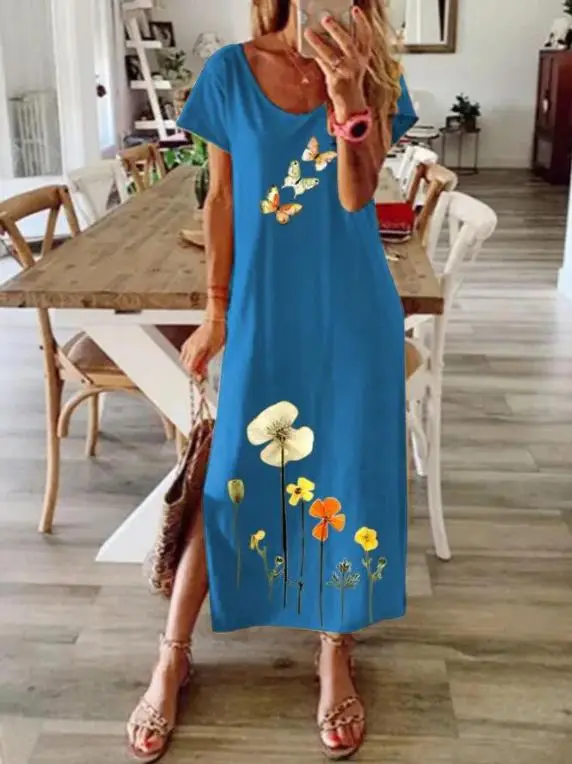 Printed Milk Silk Dress Blue Floral Large - Image 4